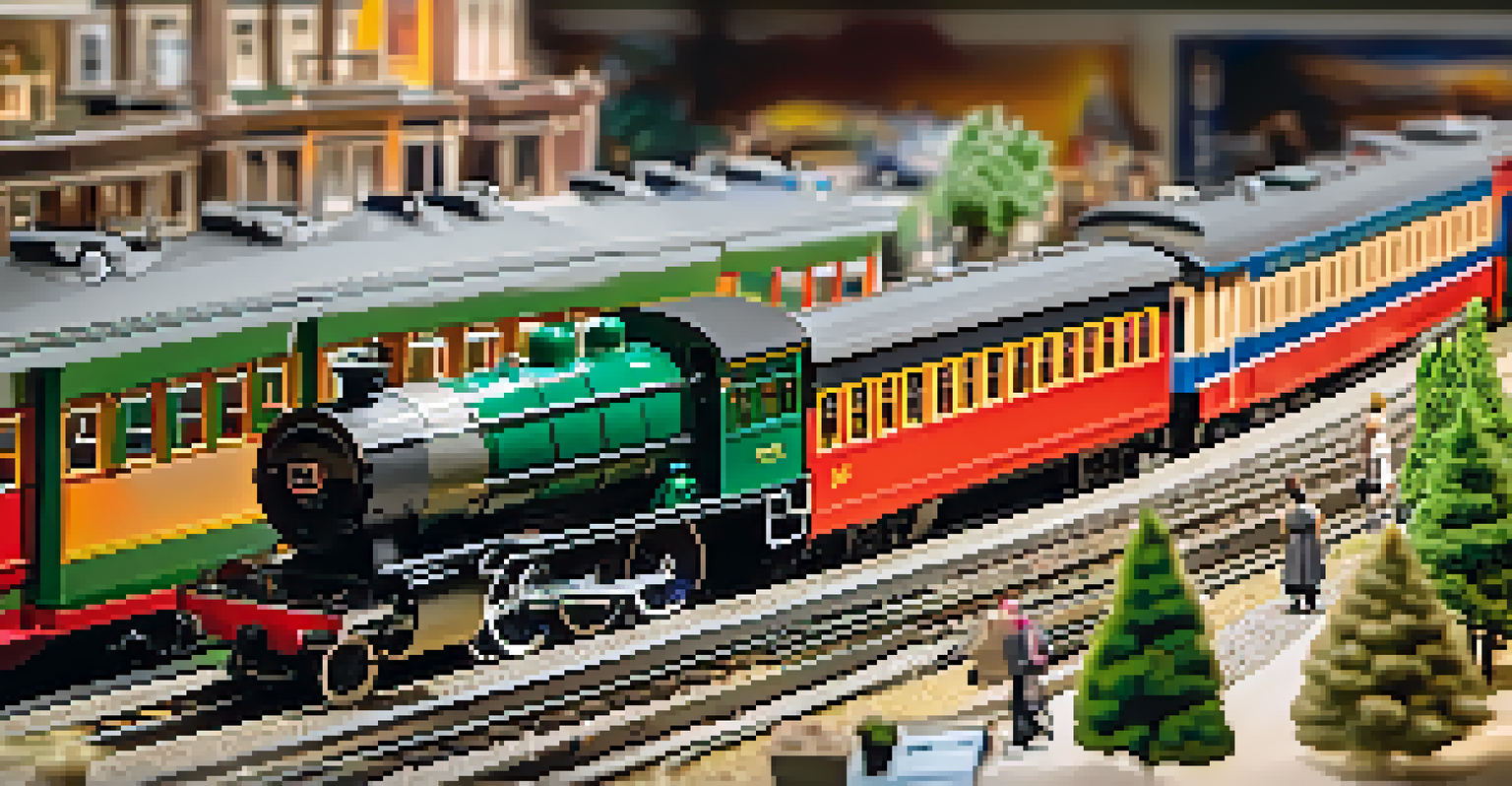 Visitors of various ages admiring a detailed model train exhibition with vibrant miniature landscapes and intricate designs.
