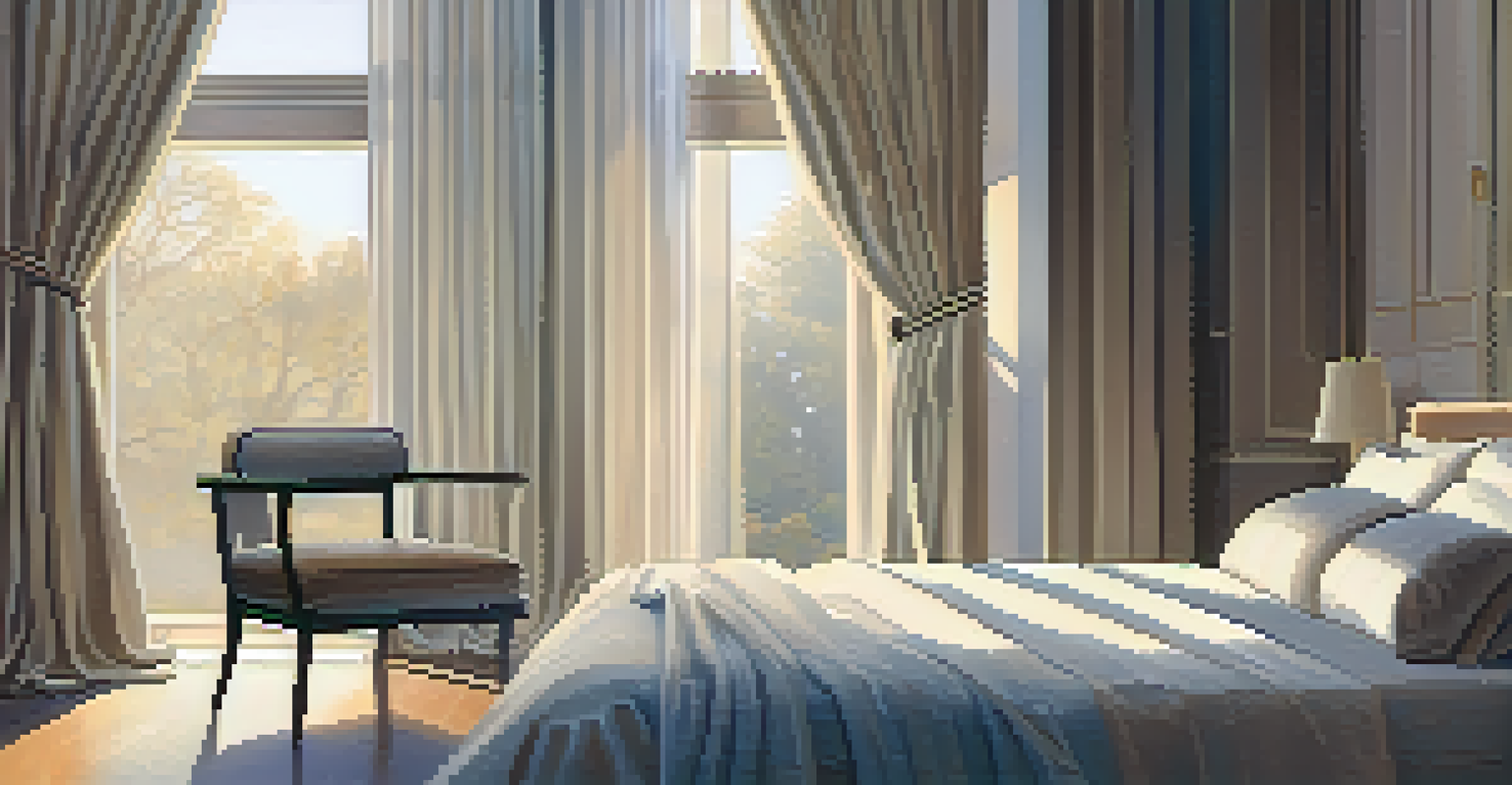 A cozy bedroom with morning light, a comfortable bed, and a journal on the bedside table.
