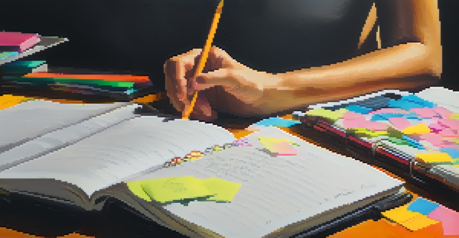 A close-up of a hand writing in a journal, surrounded by sticky notes and a laptop, emphasizing the process of reflecting on feedback.