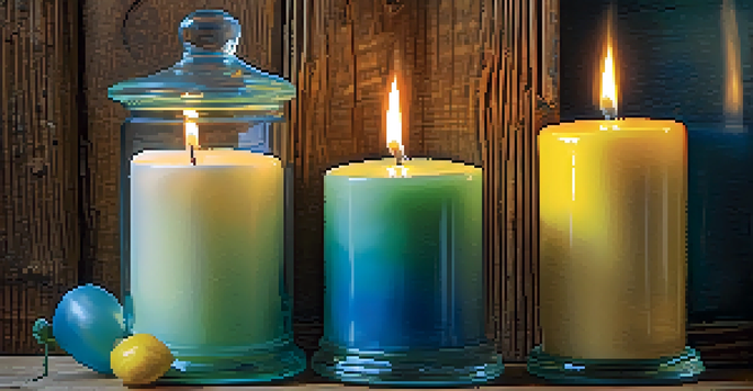 A collection of colorful layered candles in clear glass jars, displayed on a wooden surface with soft lighting.