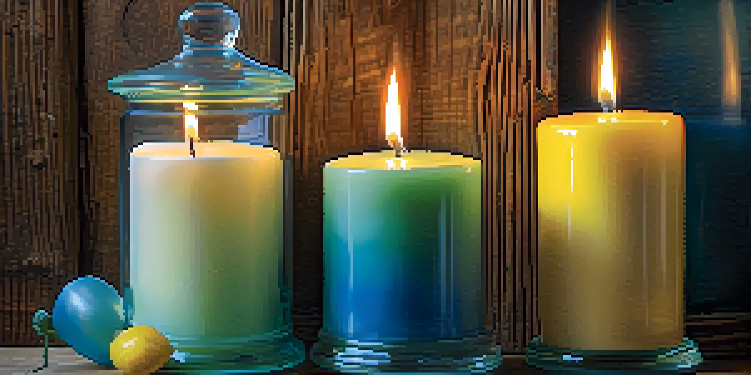 A collection of colorful layered candles in clear glass jars, displayed on a wooden surface with soft lighting.