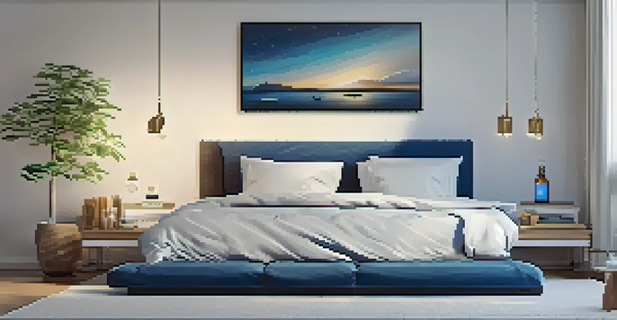 A peaceful bedroom with soft lighting, comfortable pillows, and essential oils on a table, evoking a sense of calm for meditation and sleep.