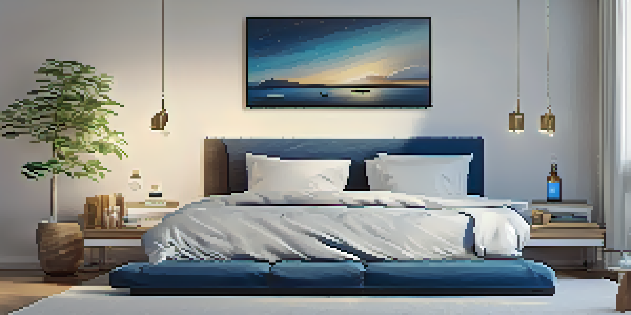 A peaceful bedroom with soft lighting, comfortable pillows, and essential oils on a table, evoking a sense of calm for meditation and sleep.