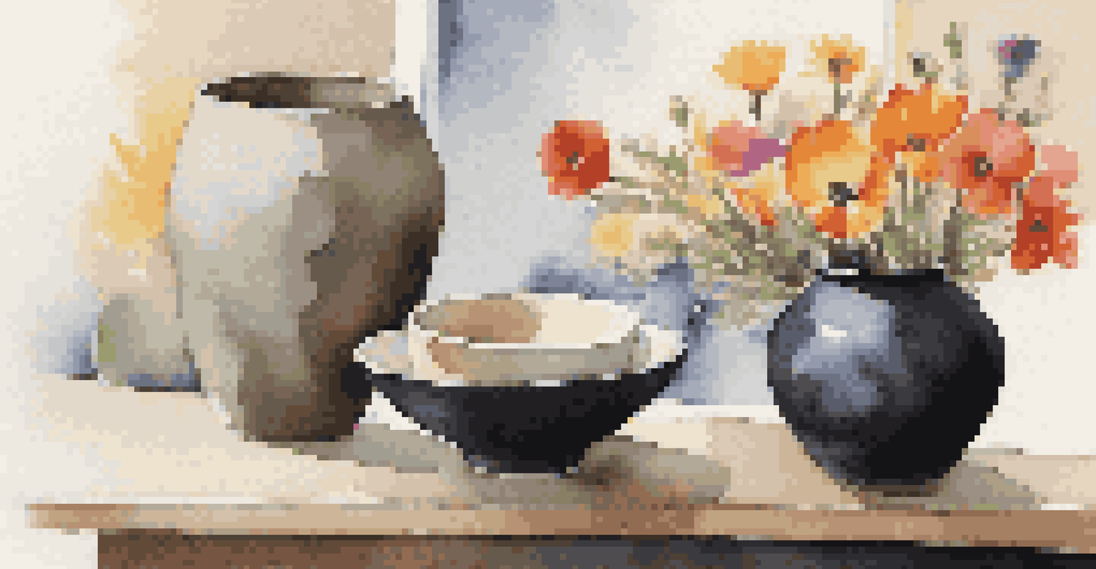 A shelf displaying a collection of functional pottery, including a black bowl, a white vase with flowers, and a colorful mug, illuminated by natural light.