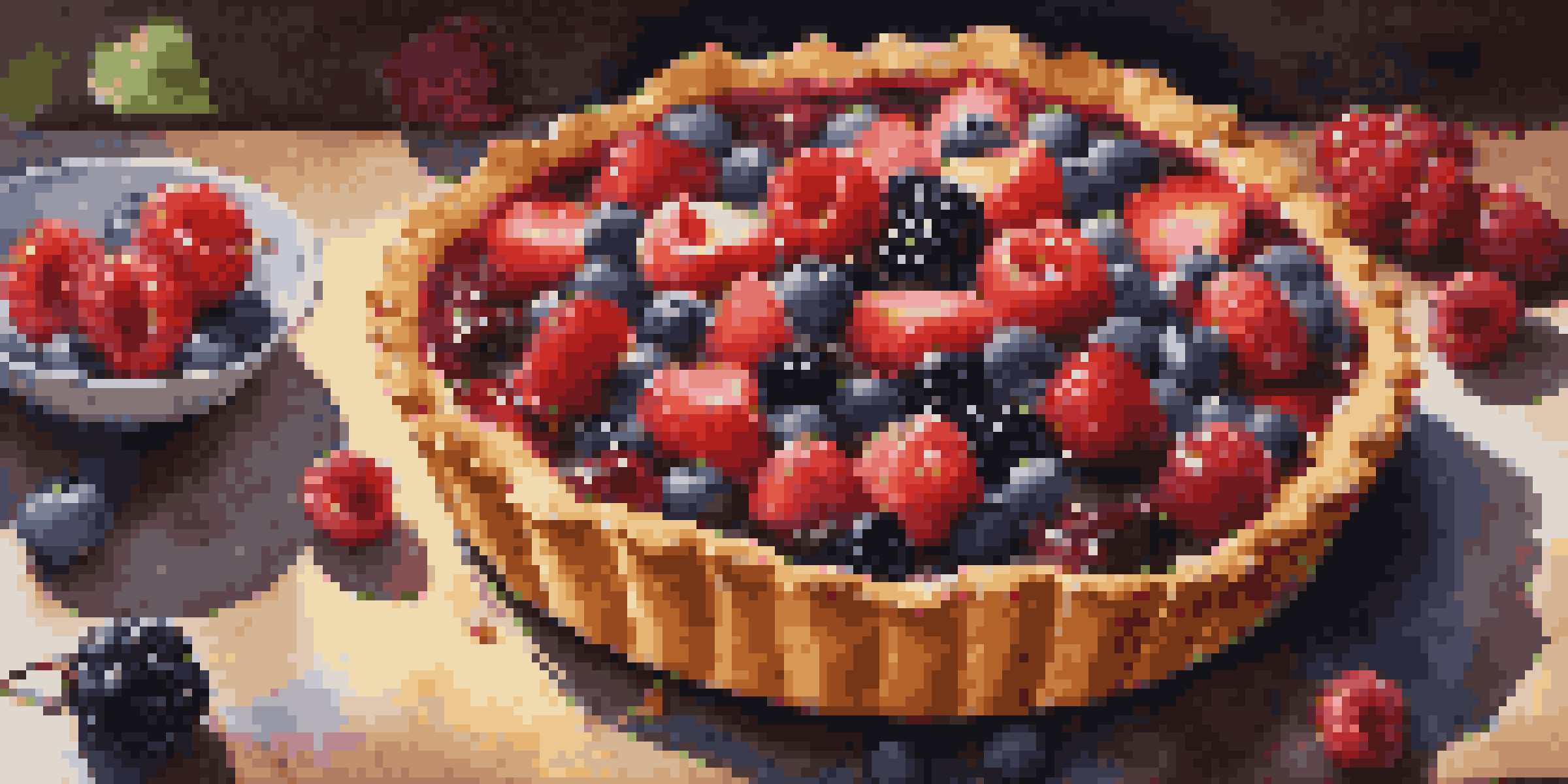 A close-up of a vibrant fruit tart on a wooden table, filled with mixed berries and fruit glaze.