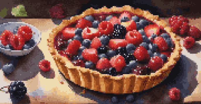 A close-up of a vibrant fruit tart on a wooden table, filled with mixed berries and fruit glaze.