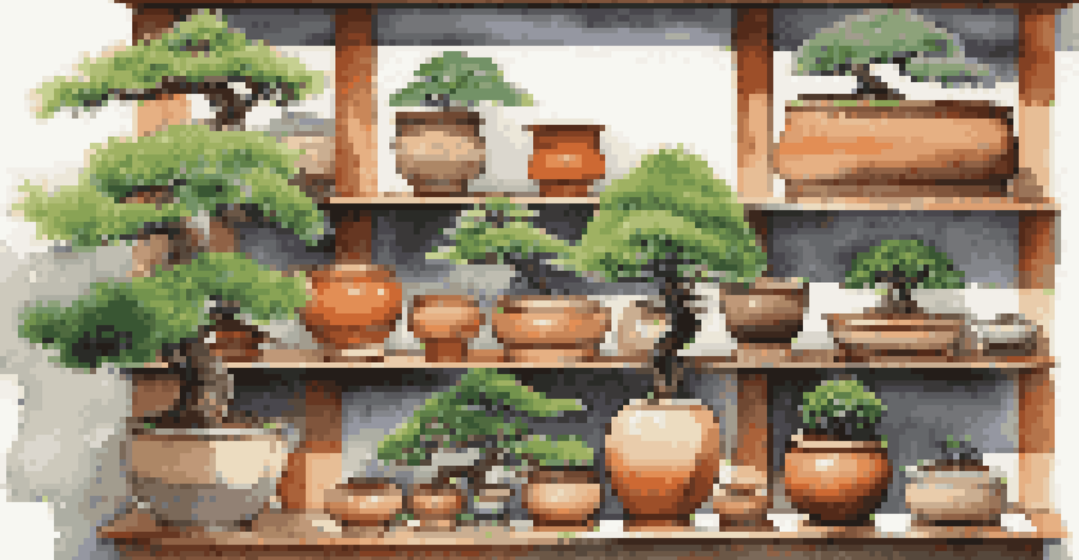 Different shapes and materials of bonsai pots filled with bonsai trees on a garden shelf.