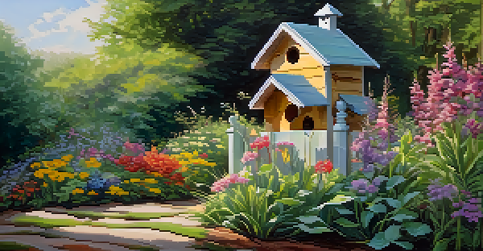A wooden birdhouse surrounded by colorful flowers and greenery in a sunny backyard.