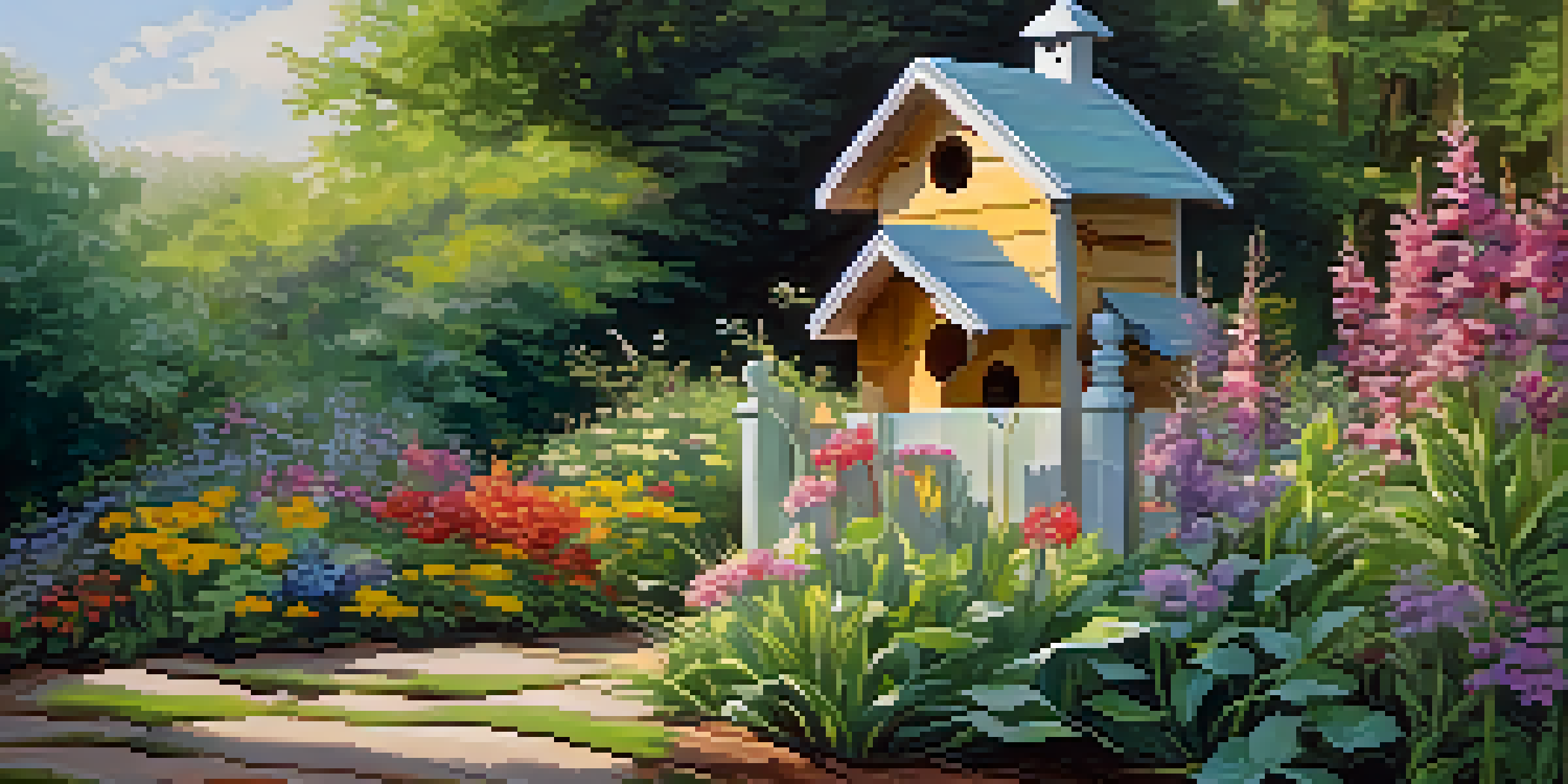 A wooden birdhouse surrounded by colorful flowers and greenery in a sunny backyard.