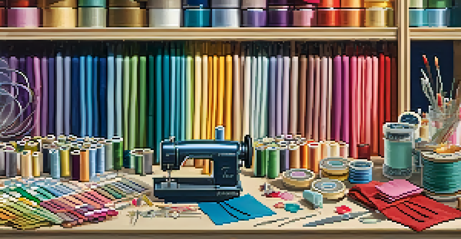 A vibrant table with organized sewing supplies, including threads and scissors, surrounded by happy guests at a sewing party.