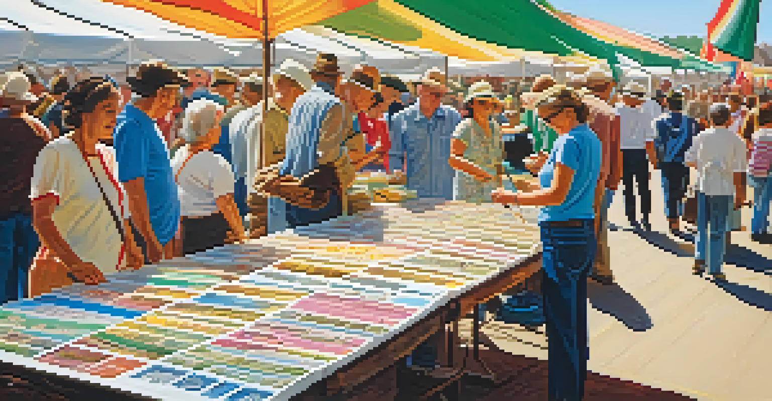 A lively outdoor stamp fair with vendors showcasing vibrant regional stamps and collectors engaging with them.