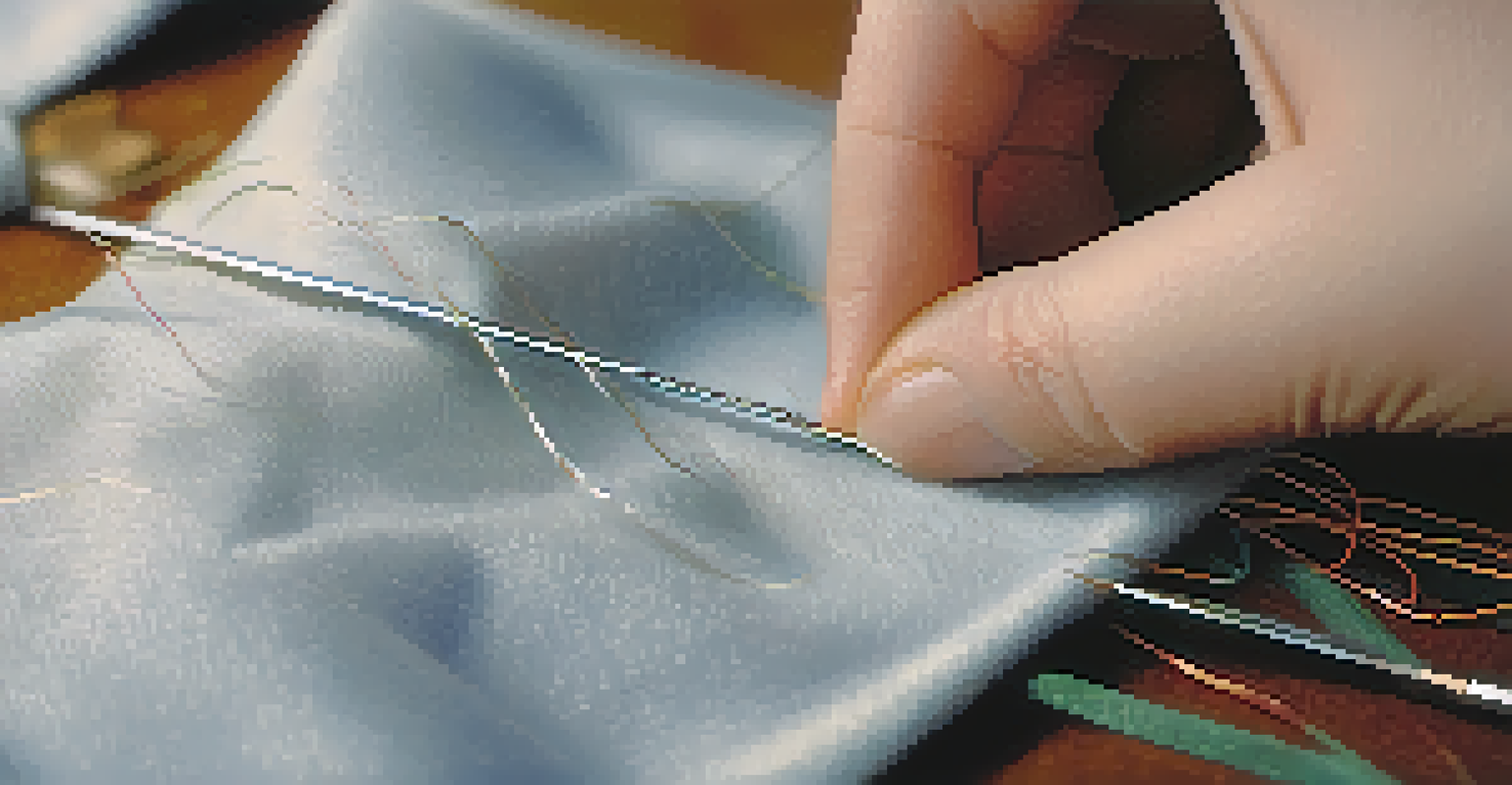 Close-up of hand sewing with a needle and thread going through textured fabric.