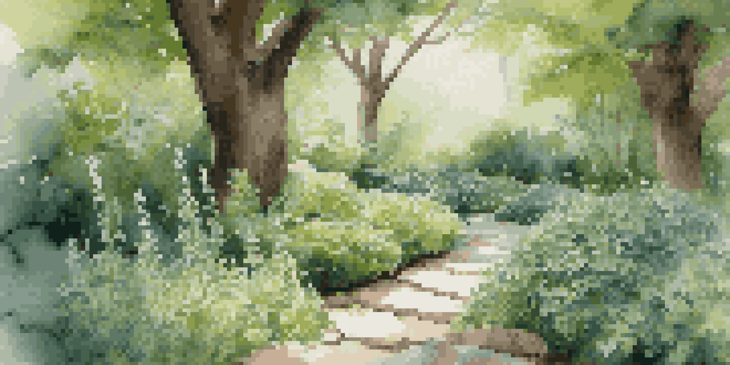 A tranquil garden scene with vibrant green herbs like mint, chives, and parsley growing in the shade beneath a large tree, with a stone path visible in the background.