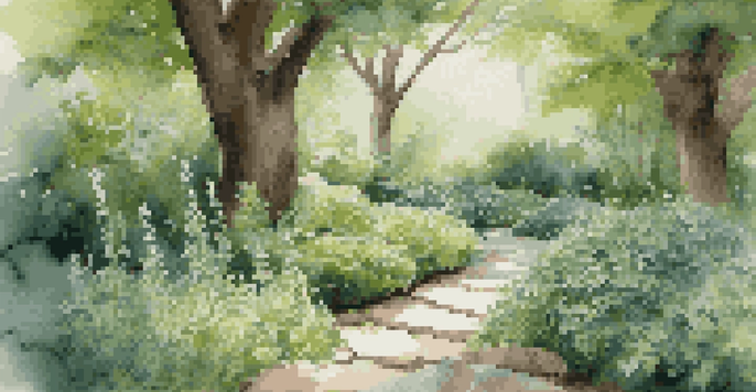 A tranquil garden scene with vibrant green herbs like mint, chives, and parsley growing in the shade beneath a large tree, with a stone path visible in the background.