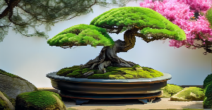 A formal upright bonsai tree in a peaceful Japanese garden with green moss and colorful stones under soft sunlight.