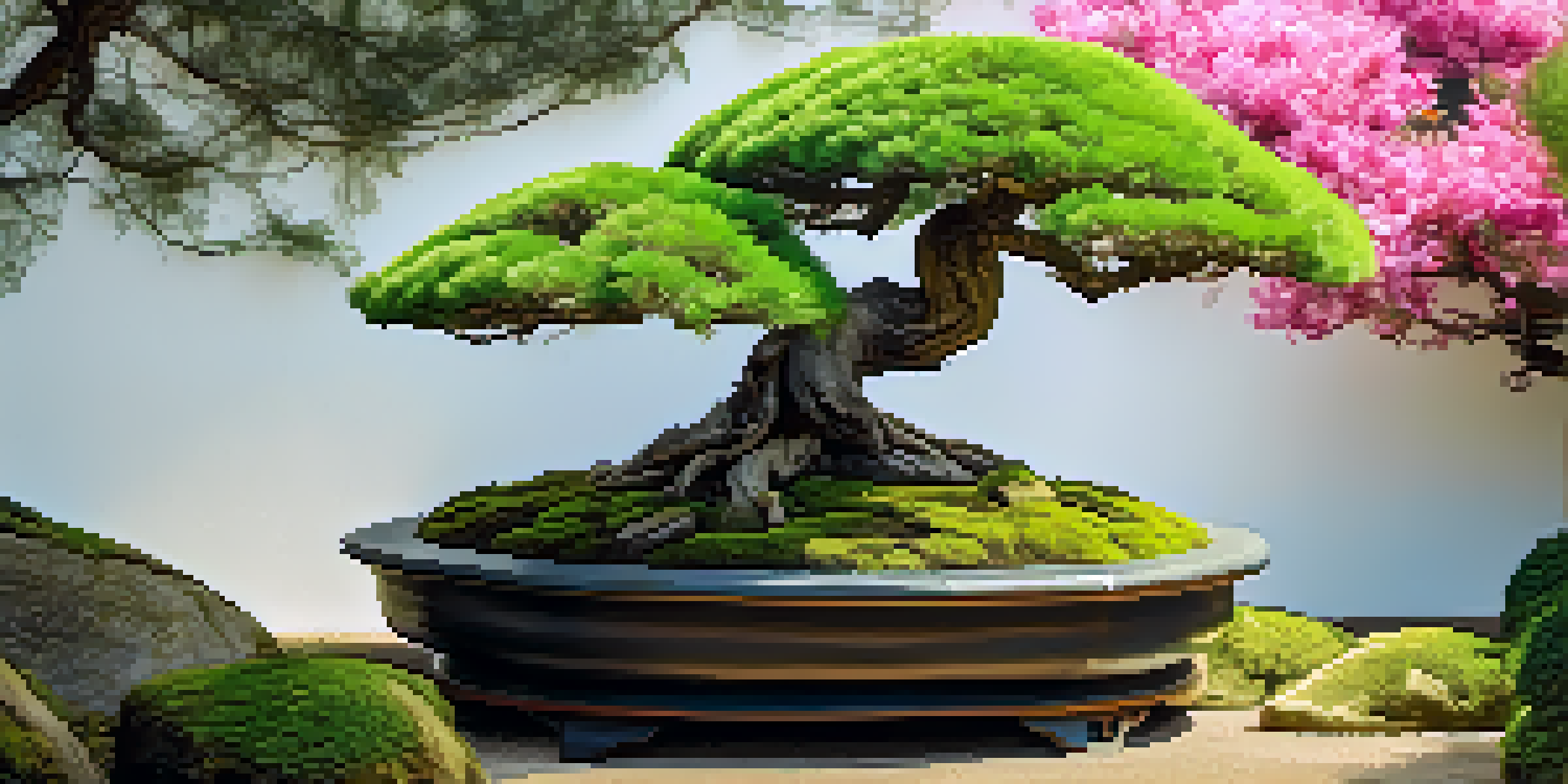 A formal upright bonsai tree in a peaceful Japanese garden with green moss and colorful stones under soft sunlight.