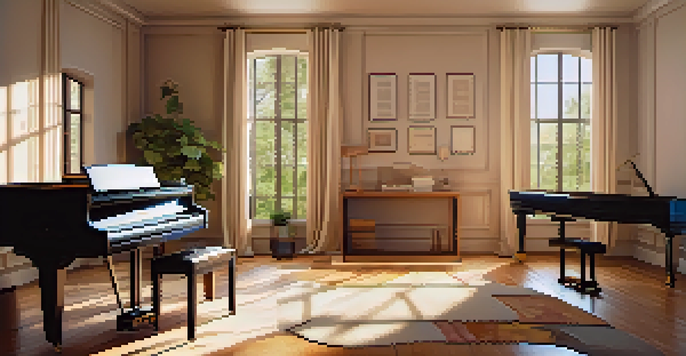 A cozy music practice room with a grand piano, natural light, and music sheets on a table.