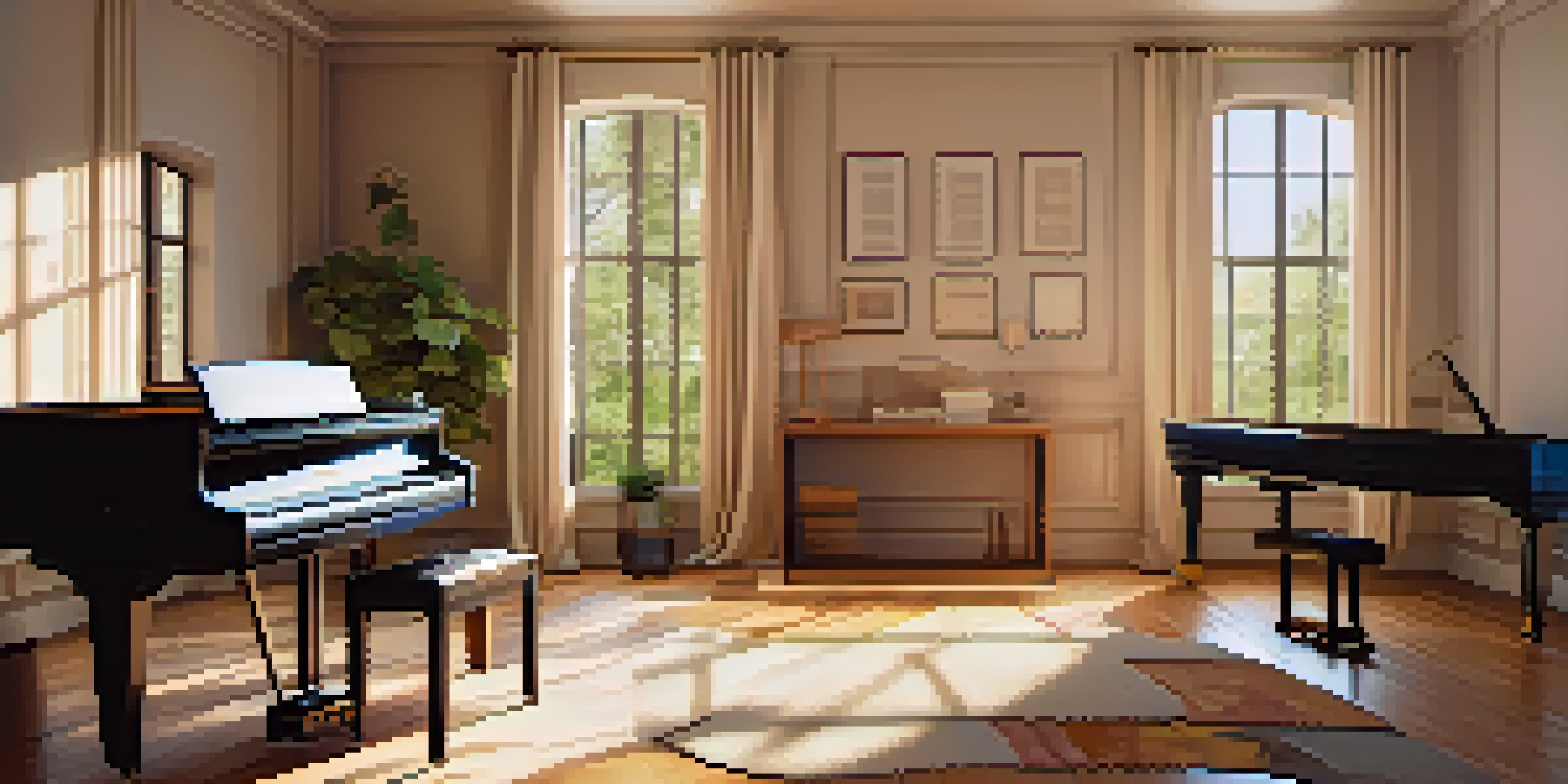 A cozy music practice room with a grand piano, natural light, and music sheets on a table.