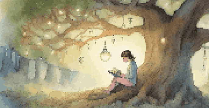 A young adult reading a fantasy book under a magical oak tree illuminated by fairy lights.