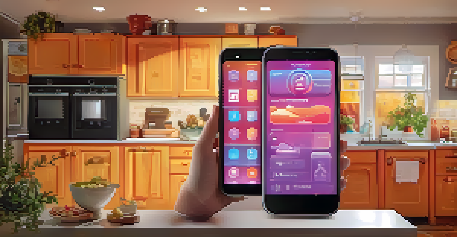 Close-up of a smartphone showing a smart home app, with a cozy kitchen in the background.