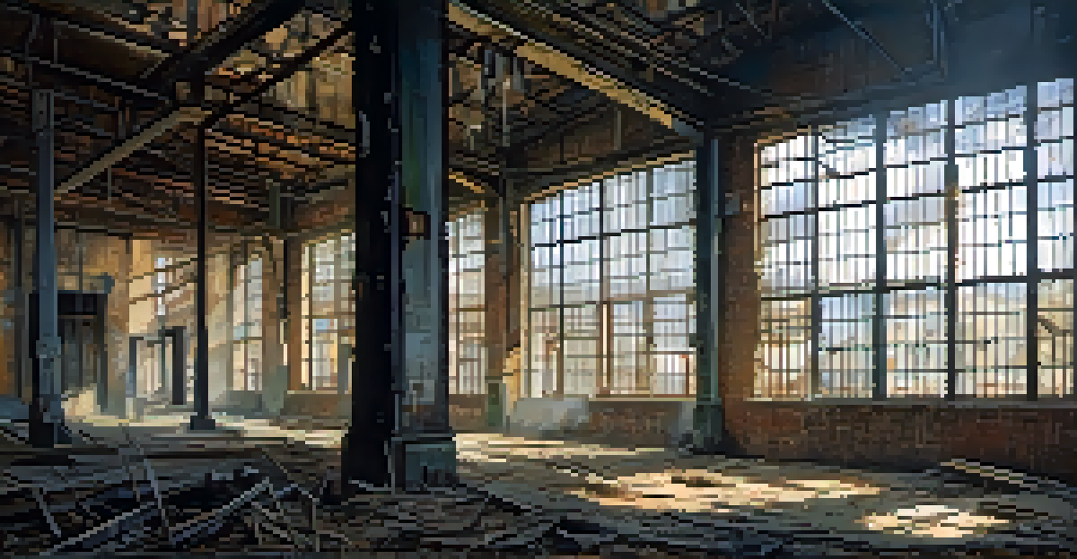 The interior of an old factory, filled with broken machinery and sunlight streaming through dusty windows.