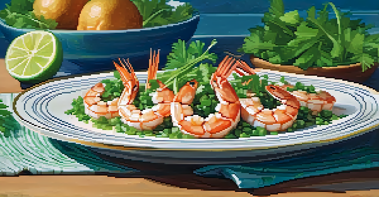A gourmet plate of grilled shrimp with cilantro-lime dressing, garnished with lime slices and cilantro leaves, illuminated by warm sunset light.