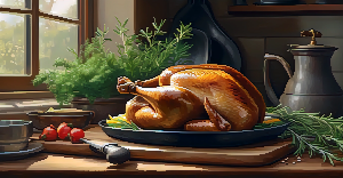 A beautifully roasted chicken on a wooden cutting board, with fresh herbs and vintage cookware in a rustic kitchen illuminated by soft sunlight.