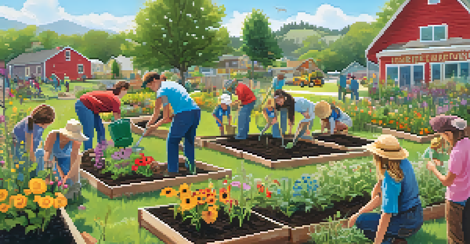 A community garden where people are planting native flowers to attract pollinators, under a bright sun.