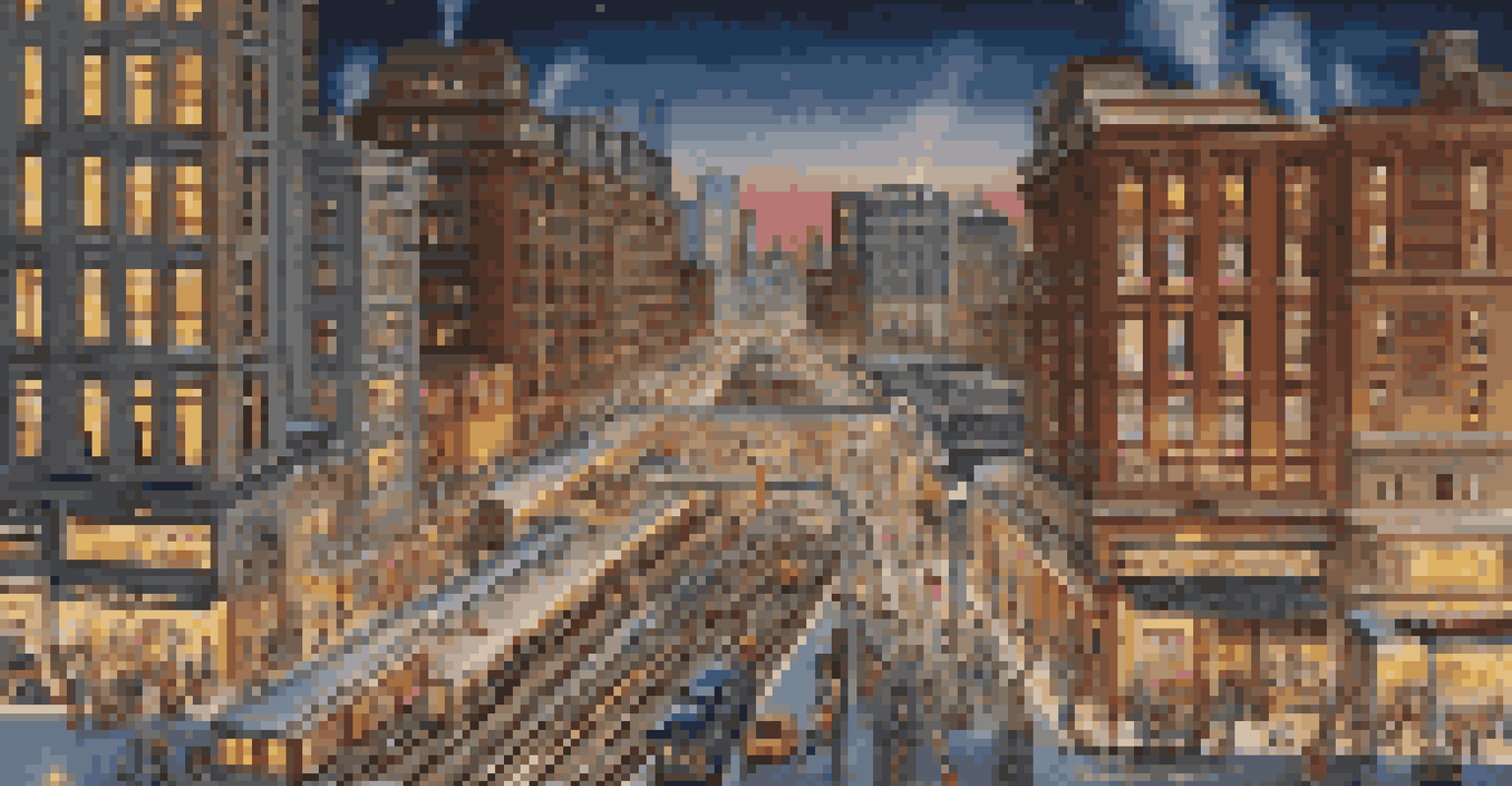 A model railroad cityscape at dusk, featuring skyscrapers, street activity, and a departing train.