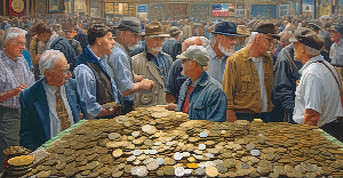 A busy local coin show with tables full of coins and currency, collectors and dealers interacting in a bright hall.