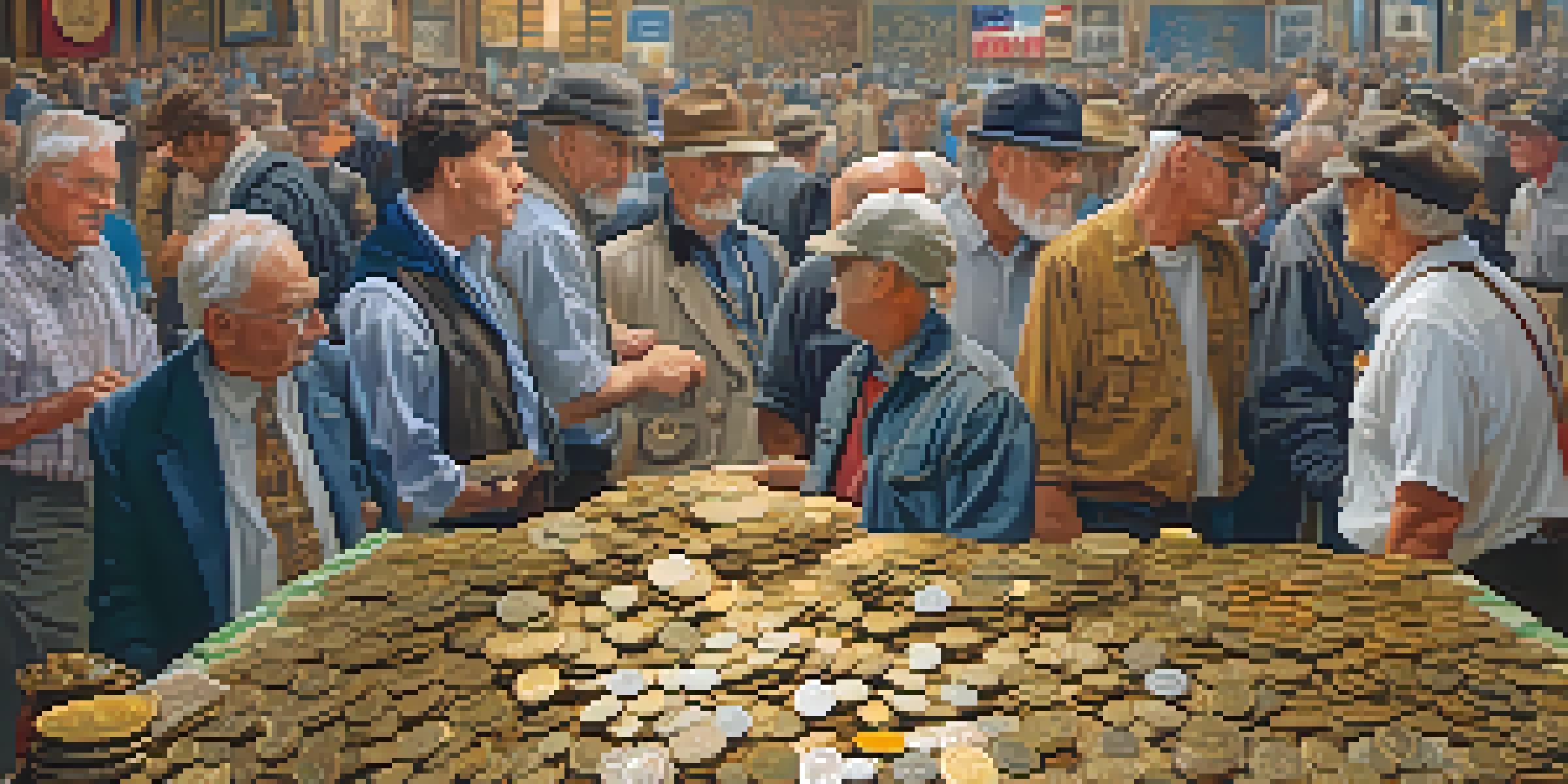 A busy local coin show with tables full of coins and currency, collectors and dealers interacting in a bright hall.