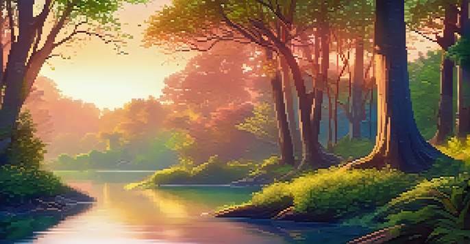 A tranquil forest landscape at sunset with green trees, a river, and warm light filtering through branches.