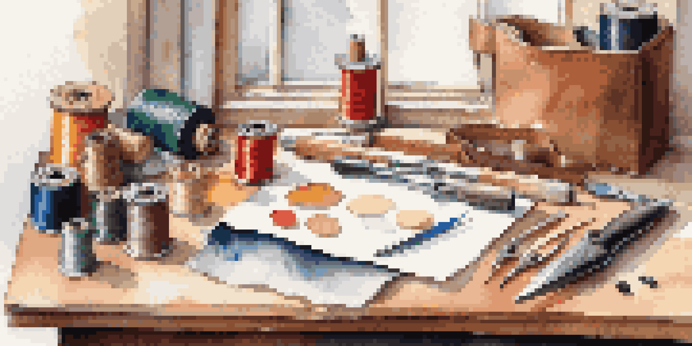 A well-organized leather crafting workspace with tools and materials displayed neatly.