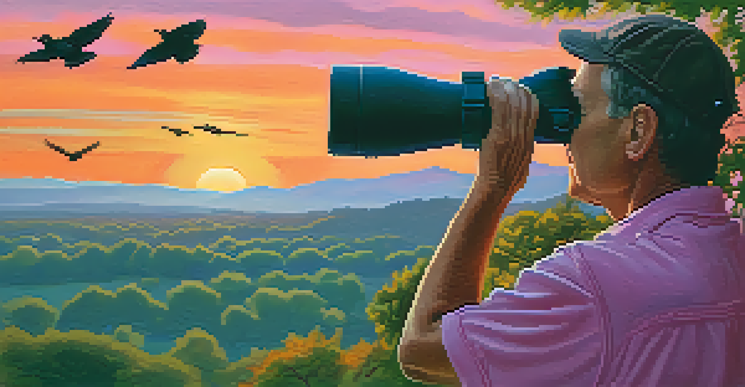 A birdwatcher gazing through binoculars at a colorful bird against a stunning sunset sky.