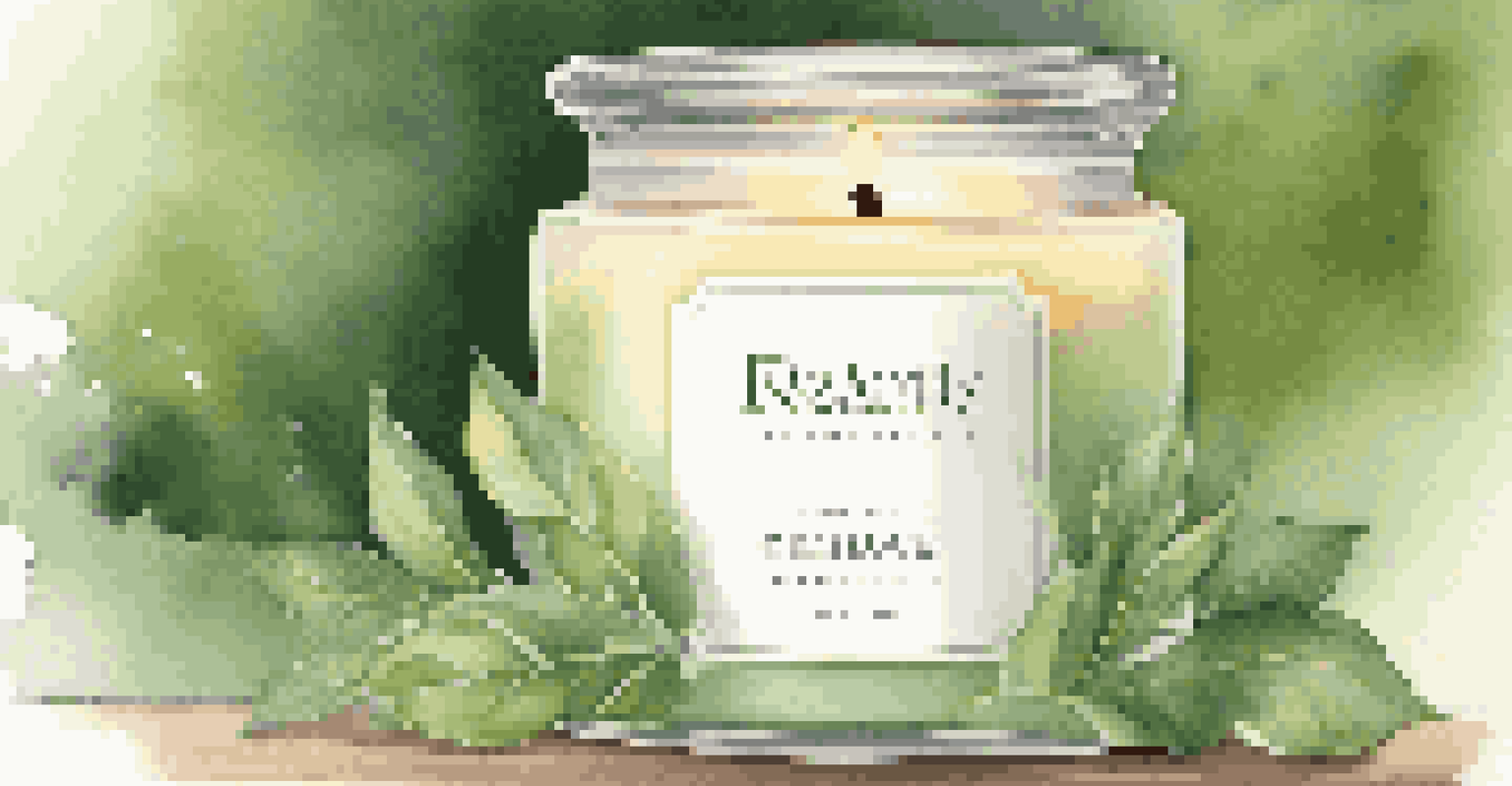 A close-up of a beautifully labeled aromatherapy candle jar glowing softly amidst greenery.
