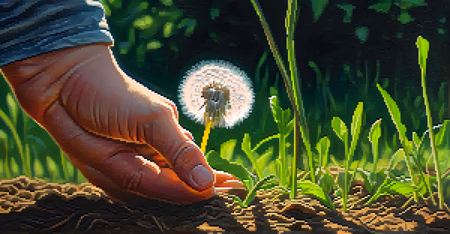 A close-up of a hand picking dandelion greens from a green landscape, with sunlight illuminating the leaves.