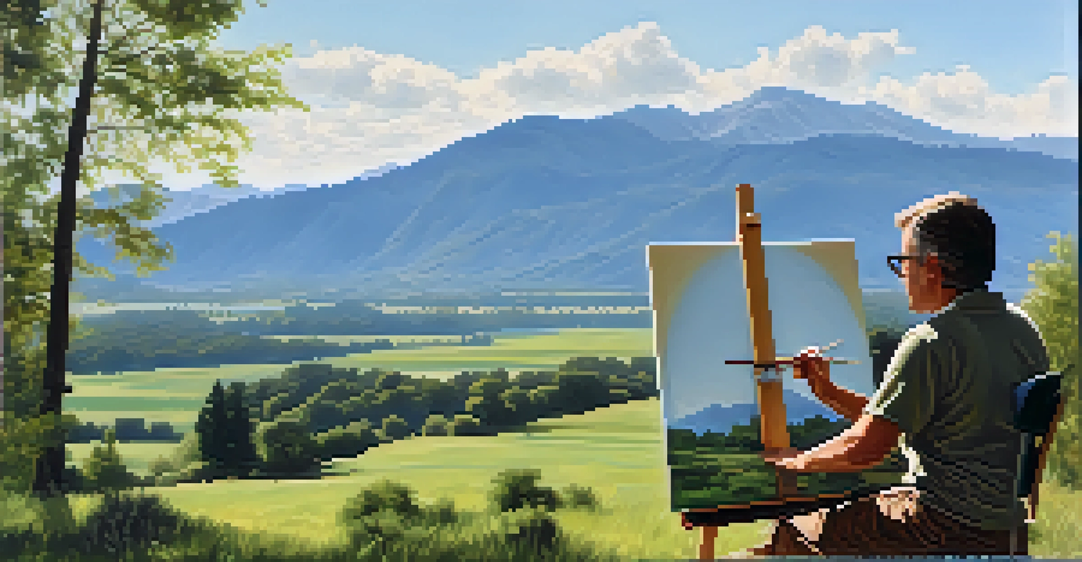 An artist outdoors painting a beautiful landscape with mountains and a blue sky on a portable easel.