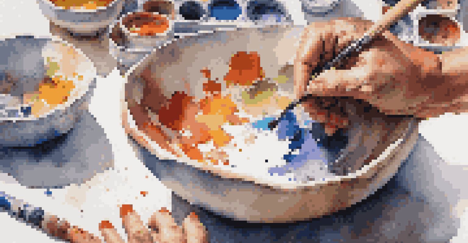 An artist's hands painting colorful slip onto a ceramic bowl in a bright pottery workshop filled with tools and splashes of color.