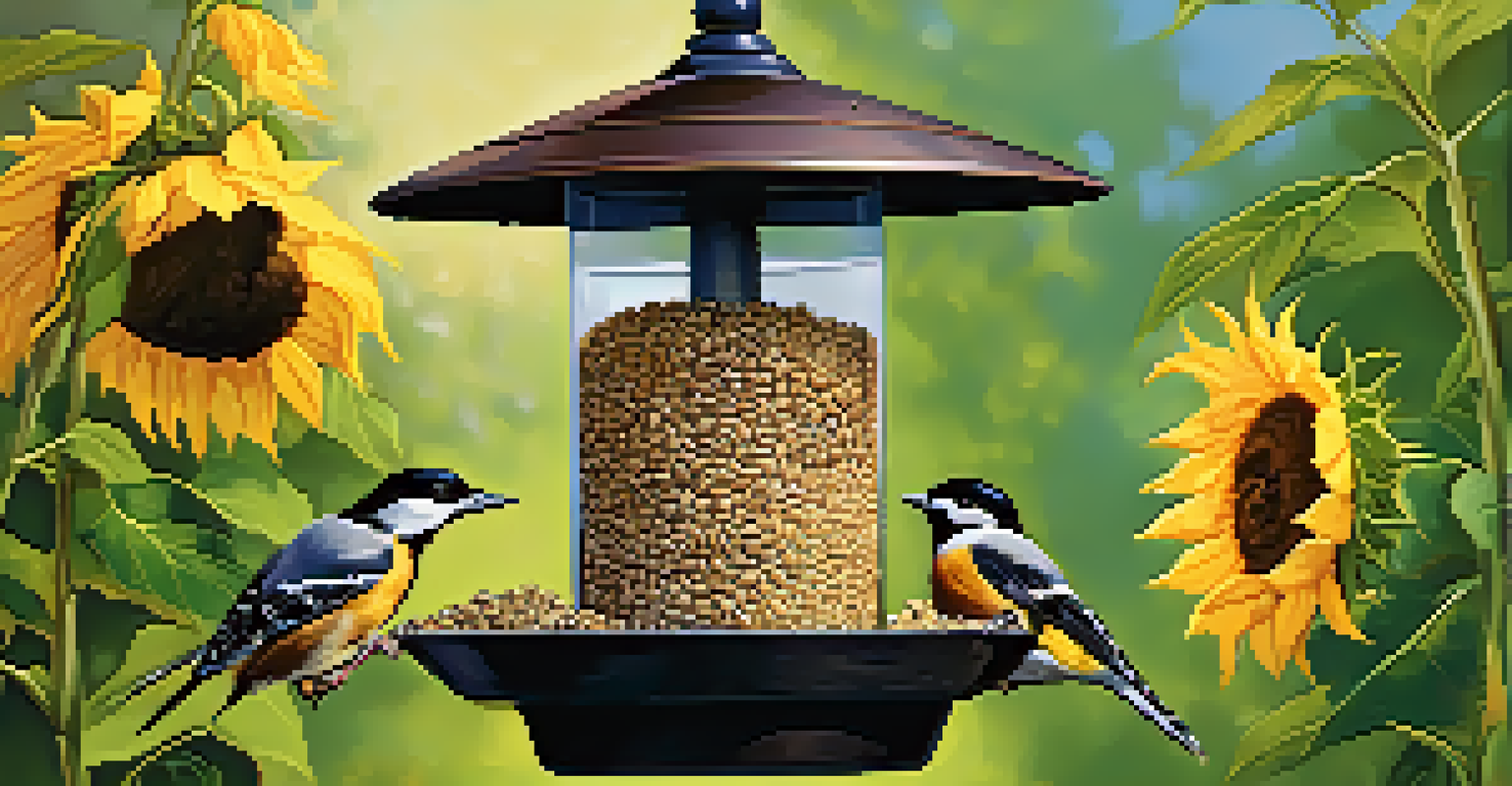 Close-up of a sunflower seed feeder with chickadees and woodpeckers feeding, set against a lush green garden filled with blooming flowers.