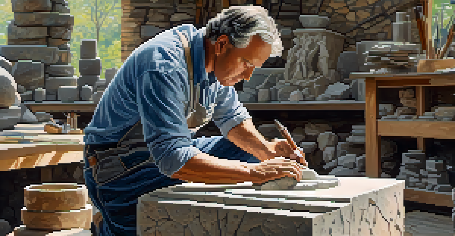 An artist sculpting stone in a well-lit outdoor workshop, surrounded by tools and stone pieces, focusing intently.