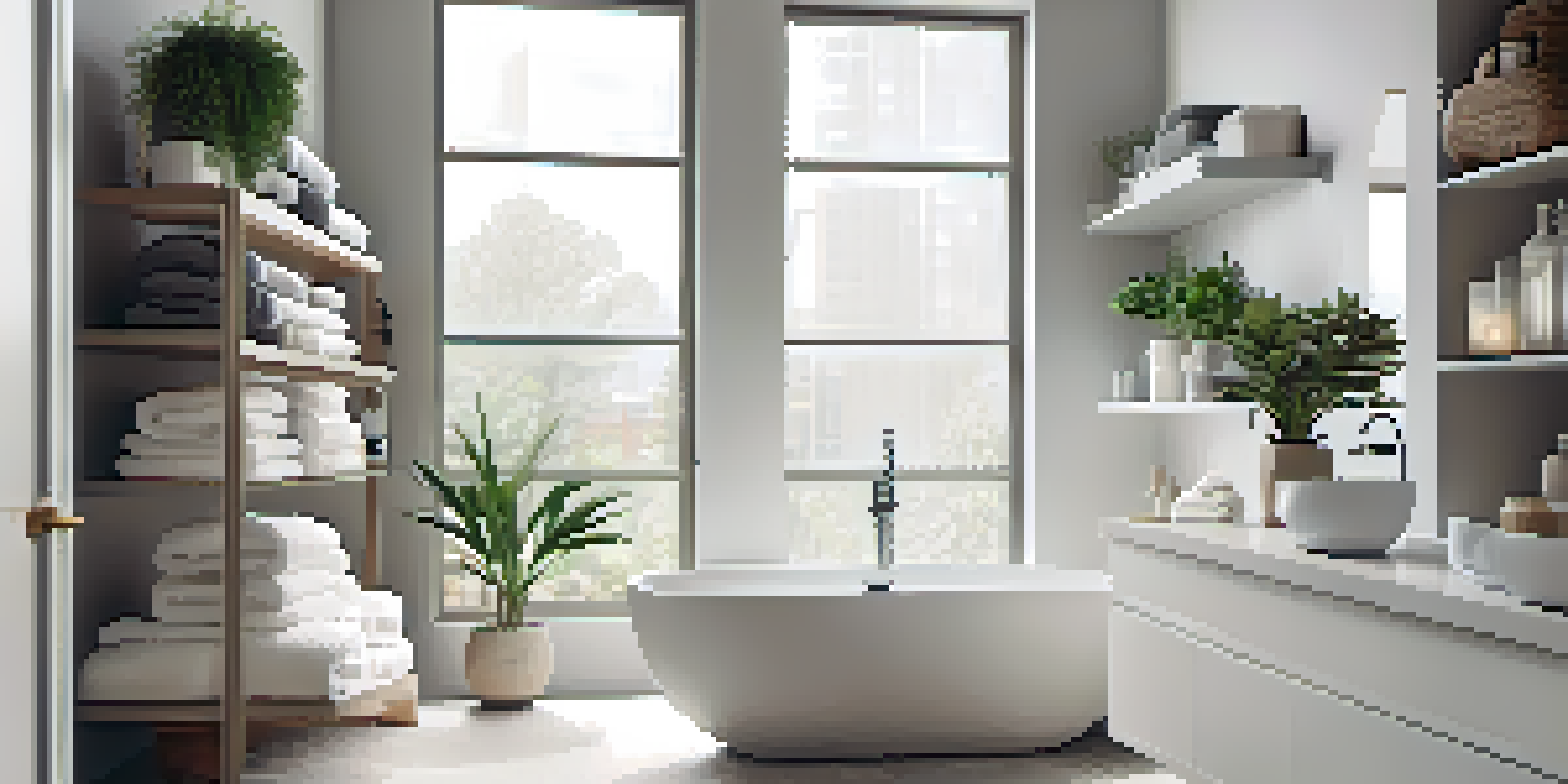 A modern bathroom with vertical storage solutions, including wall-mounted shelves with towels and plants, illuminated by soft natural light.