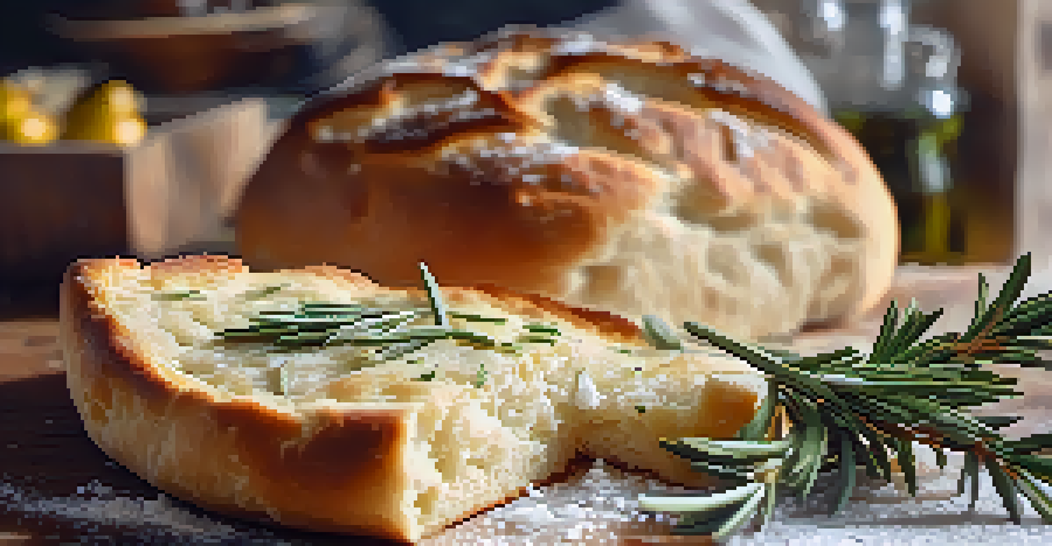 A close-up of golden-brown focaccia bread topped with rosemary and sea salt on a rustic kitchen countertop.