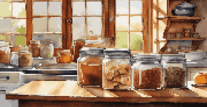 A kitchen countertop displaying various colorful spices in glass jars with freshly baked pastries like cinnamon rolls and apple pie, illuminated by warm morning light.