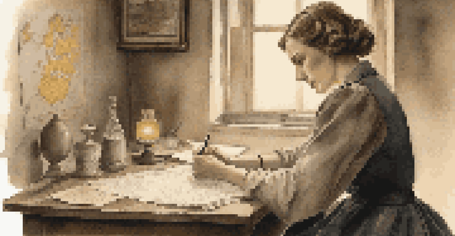 A woman in a wartime setting writing a letter at a small table, with a flickering candle and a map of Europe on the wall, capturing an emotional moment of longing.