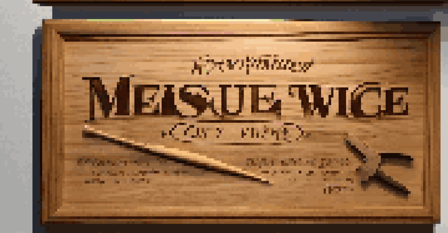 A wooden plaque with 'Measure Twice, Cut Once' engraved, surrounded by woodworking tools in a workshop.