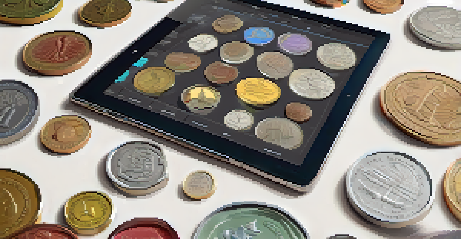 A tablet displaying a digital inventory of a coin collection with various coins scattered around it.