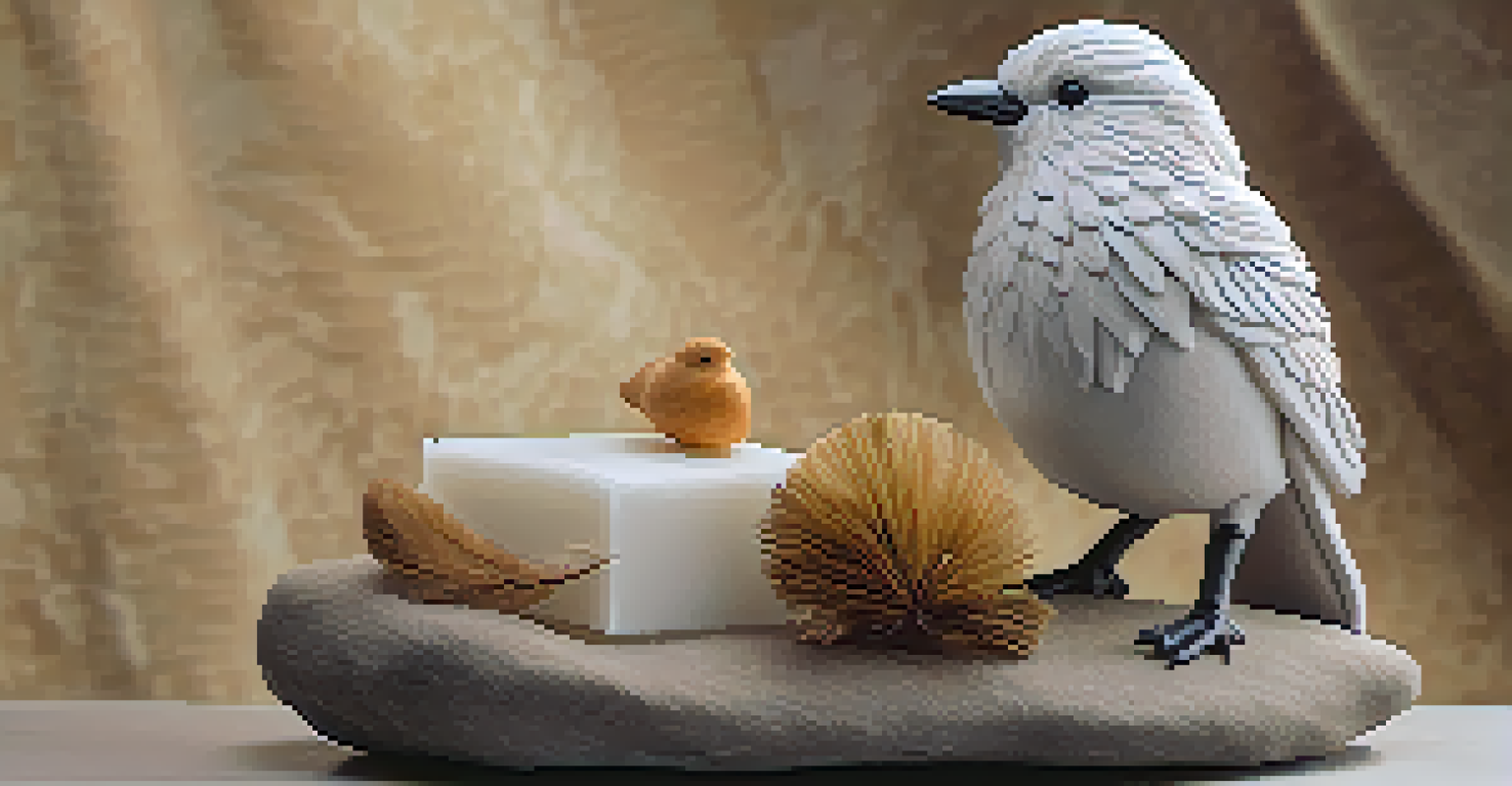 A finished soap sculpture of a bird on a rock with detailed feathers and natural colors, displayed on textured fabric with soft diffused lighting.