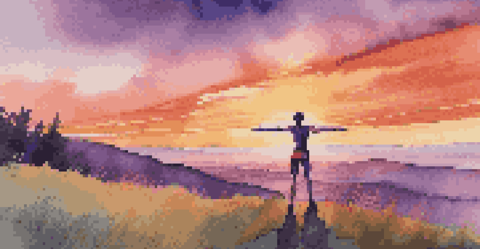 A person practicing Warrior II pose on a grassy hilltop at sunset, with a colorful sky in the background.