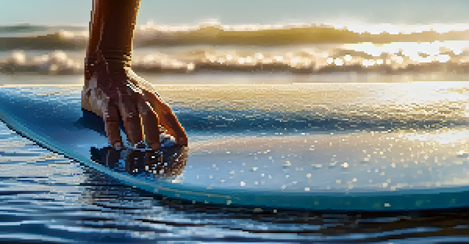 A close-up of a surfer's hand gripping a surfboard, with sunlight glistening on water droplets and blurred waves in the background.