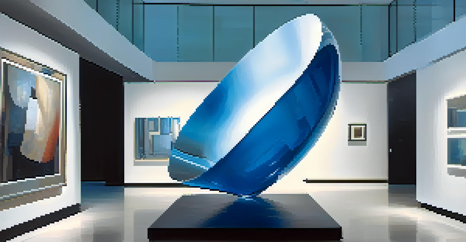 A modern glass and metal sculpture in an art gallery, illuminated by focused spotlights, casting dramatic shadows on the walls.